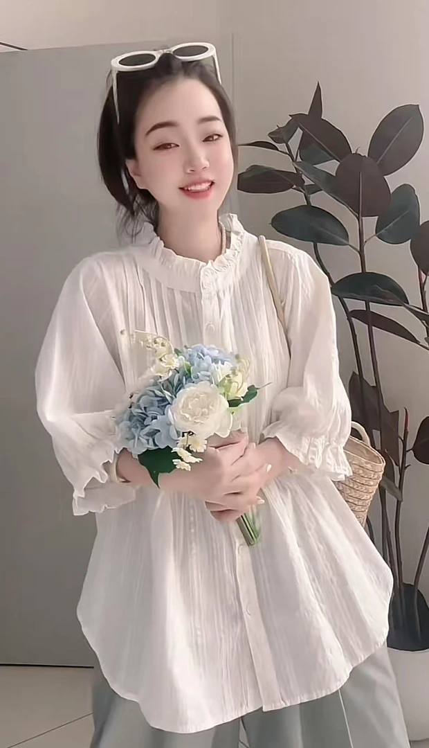 【半夏冰川】泡泡袖褶皱纯色复古港风上衣气质小衫百搭设计感