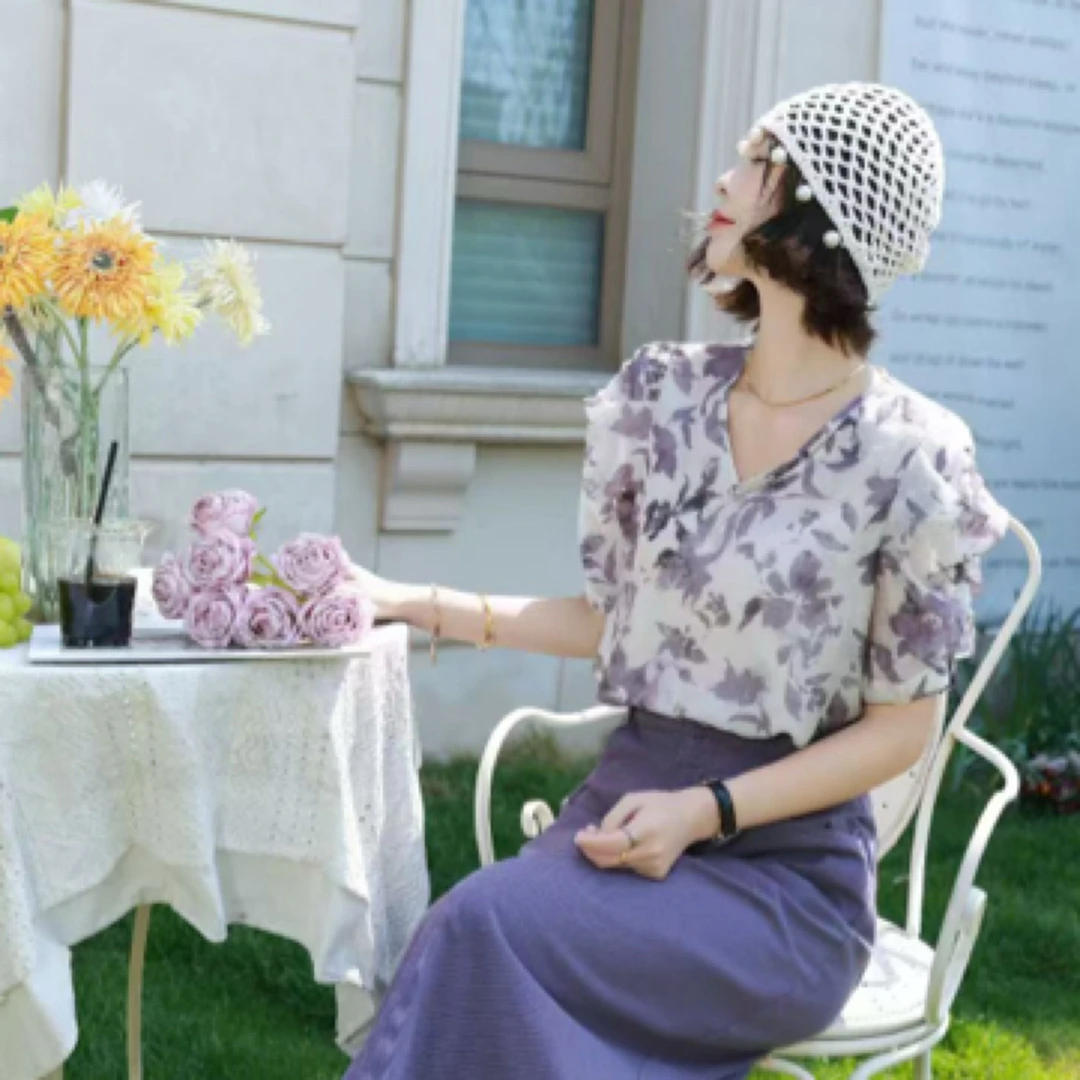 法式气质泡泡短袖衬衫93981