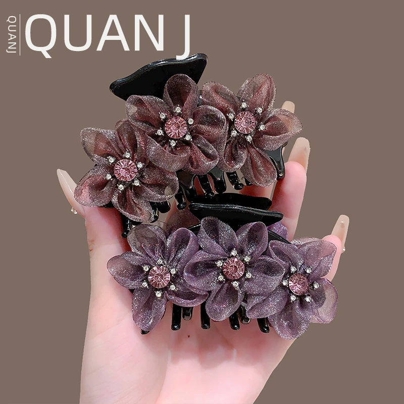 2025新款韩国气质网纱镶钻花朵抓夹女后脑勺盘发鲨鱼夹头饰发饰