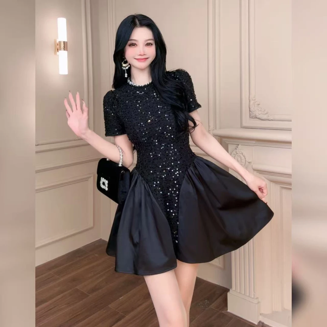 柔娜定制   女神气质显瘦小黑裙法式收腰轻奢设计感连衣裙21695