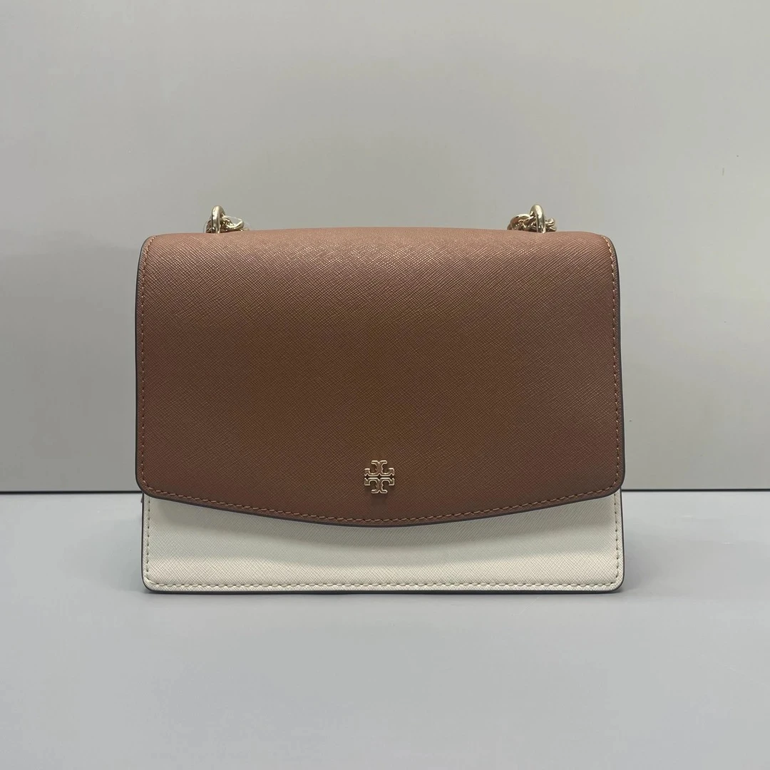 95新 TORY BURCH/汤丽柏琦 棕拼白链条包20*17*8cmE022717