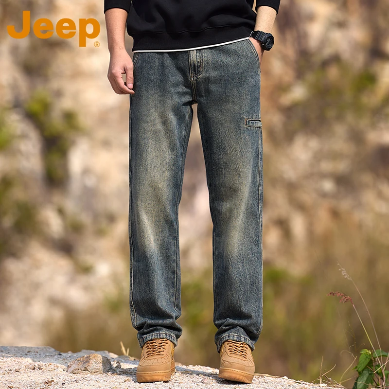 JEEP/吉普美式复古牛仔裤男士春秋季新款宽松直筒水洗做旧长裤男
