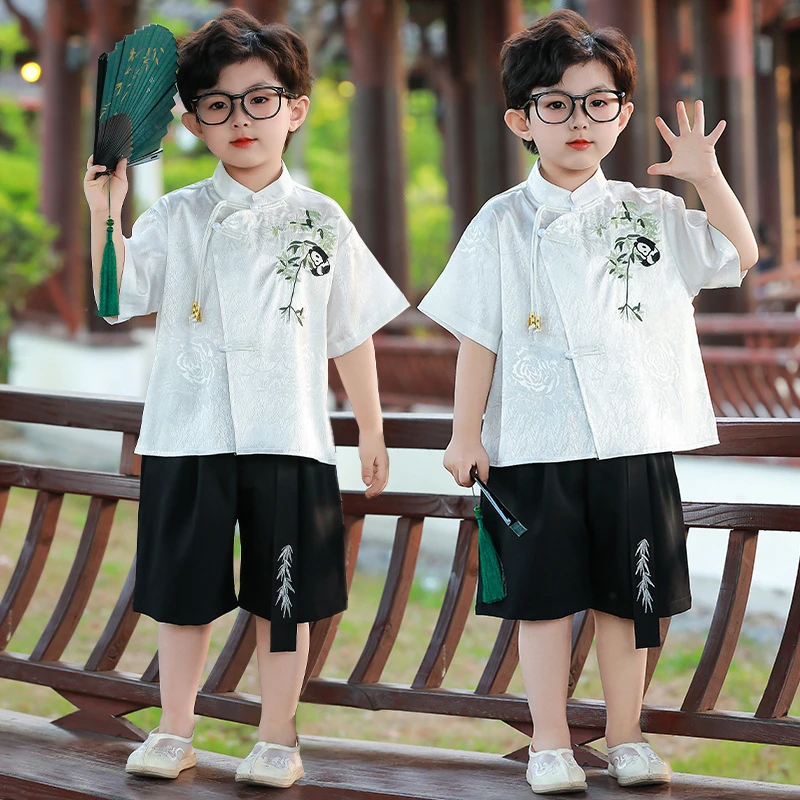 新中式短袖套装2025中国风唐装汉服中国风复古两件套六一演出服装