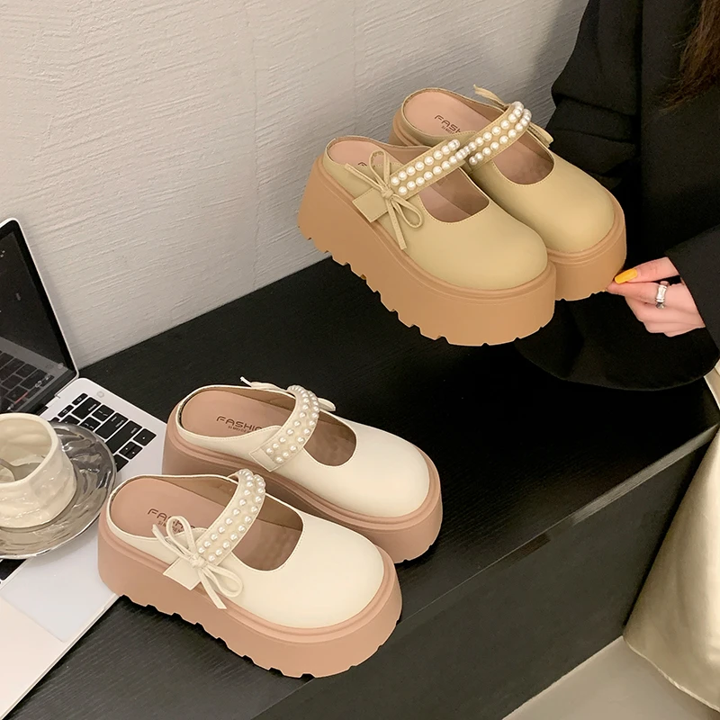 仙女风配裙子厚底珍珠蝴蝶结勃肯鞋女春夏新款小个子松糕包头拖鞋