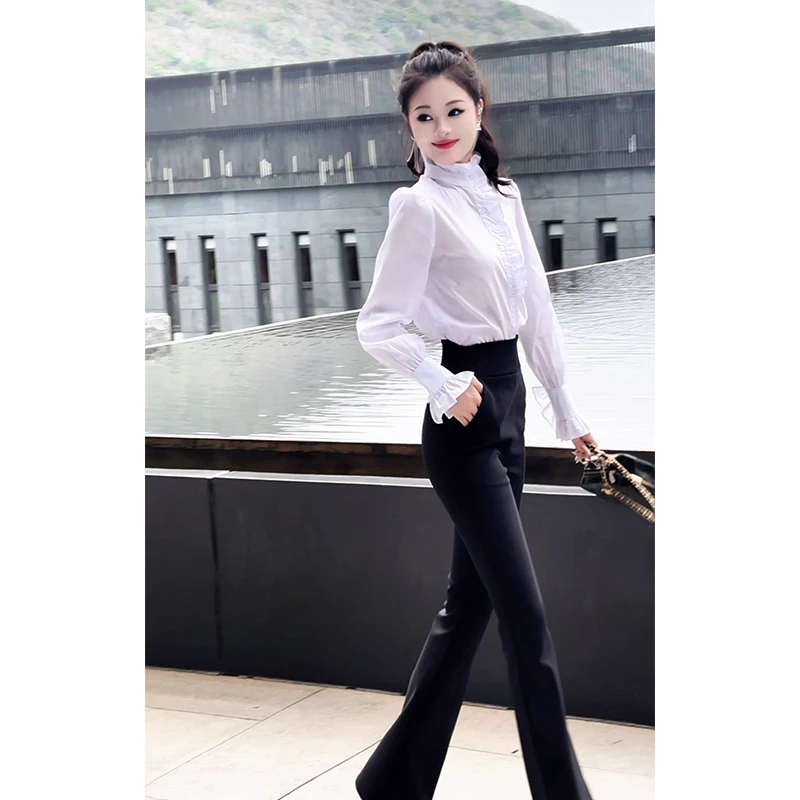 格润雅气质套装女新款独特设计感木耳边长袖衬衫高腰微喇裤两件套