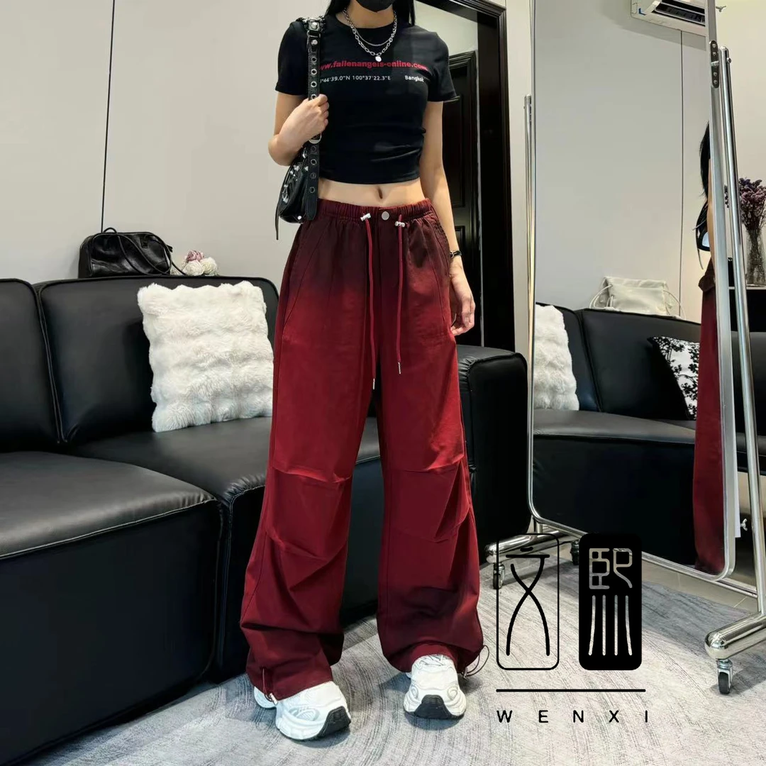 秋季新款洗水棉阔腿裤美式直筒红色宽松显瘦高腰时尚渐变休闲裤女