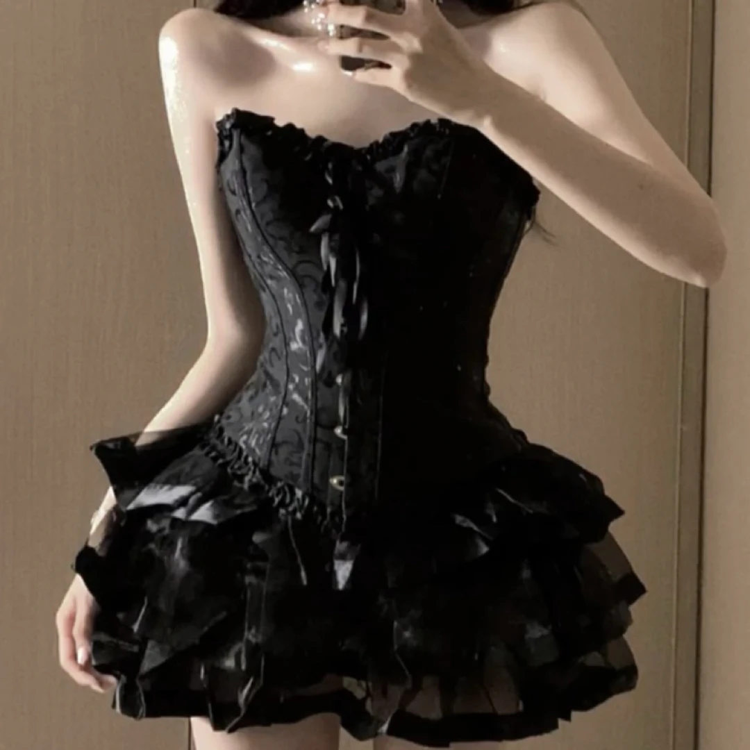 暗黑性感黑天鹅重工提花收腰显瘦束身胸衣公主蓬蓬裙生日聚会套裙