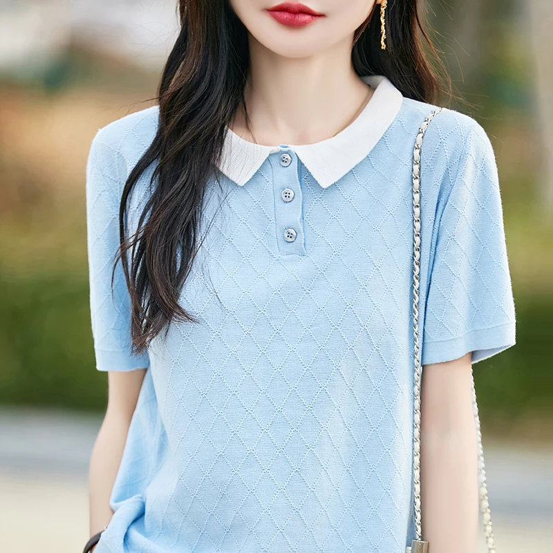 哥弟阿玛施正品薄款100%纯棉夏季翻领针织短袖百搭洋气女T恤衫