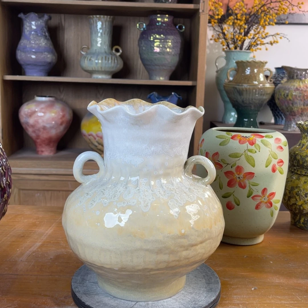 摆件陶瓷花瓶高24口径9盘泥结晶花微瑕