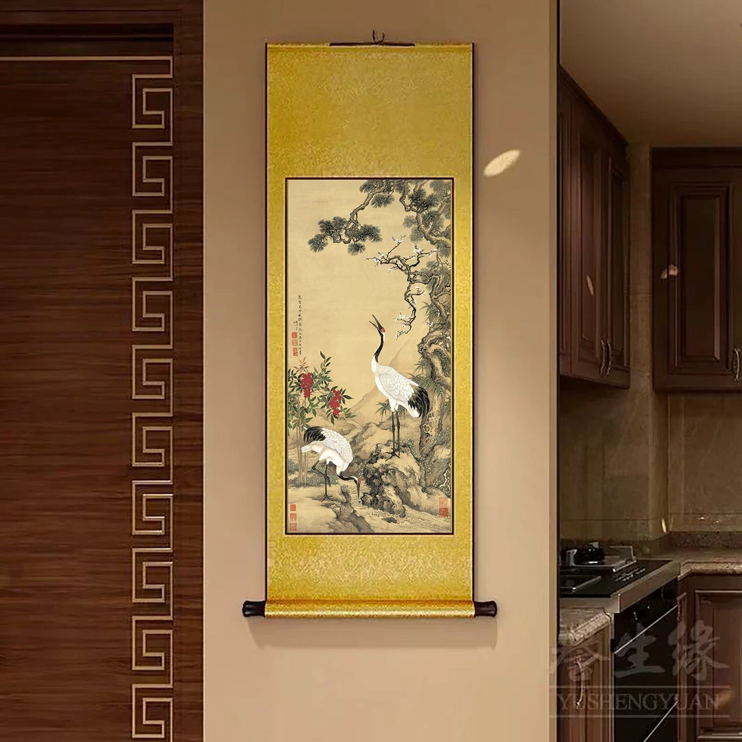 D27精装160*60《松梅双鹤》中式数字微喷立式挂画卷轴画