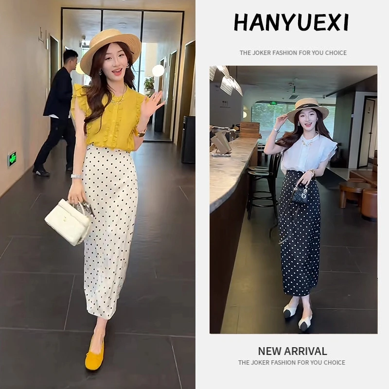 今年流行穿搭一整套2025新款褶皱花边小飞袖上衣波点半身裙两件套