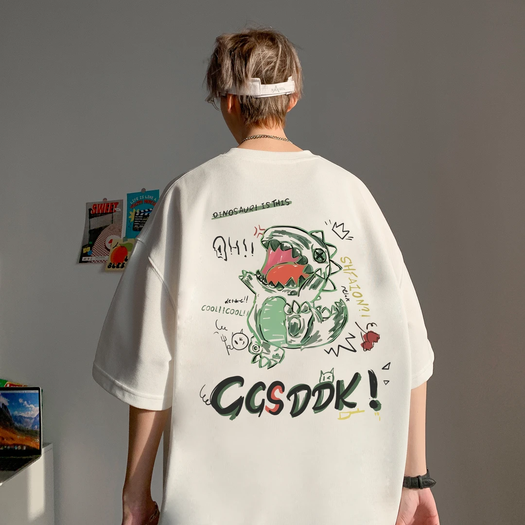 ins潮牌休闲2025年痞帅男夏季重磅宽松T恤美式高街印花小众纯棉