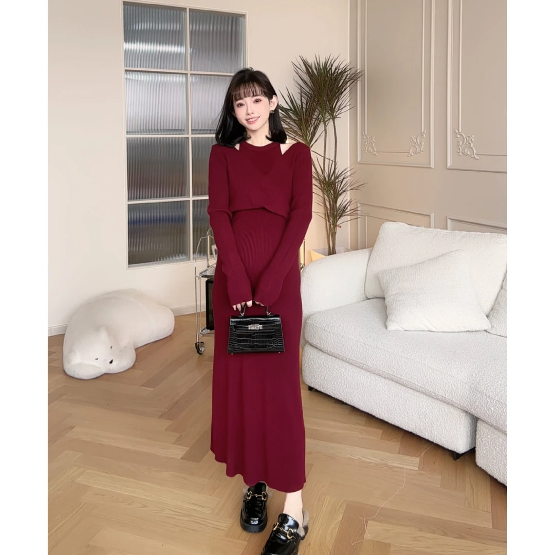 清仓【罗勒清晨】孕妇装秋冬红色针织长款连衣裙时尚气质
