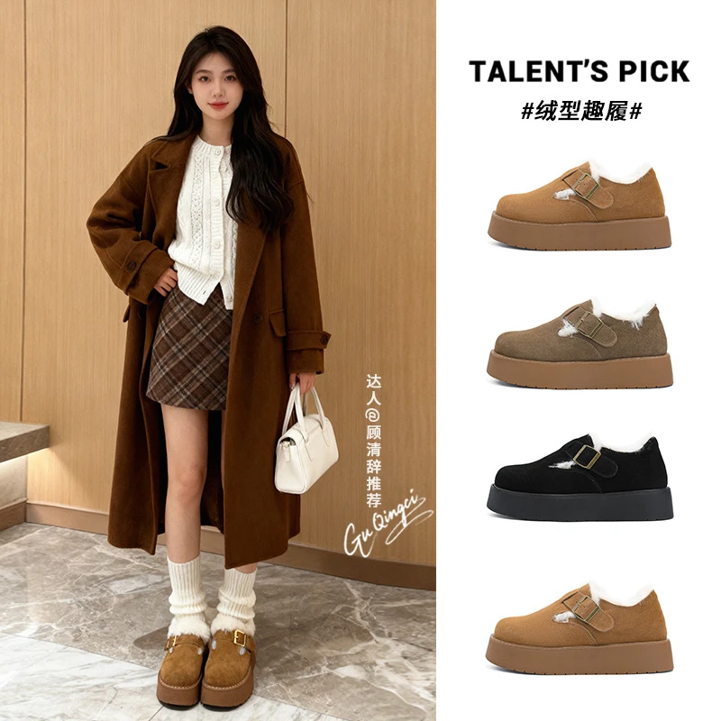 新款勃肯鞋女2025冬季复古真皮小白鞋女厚底保暖休闲女鞋加绒棉鞋