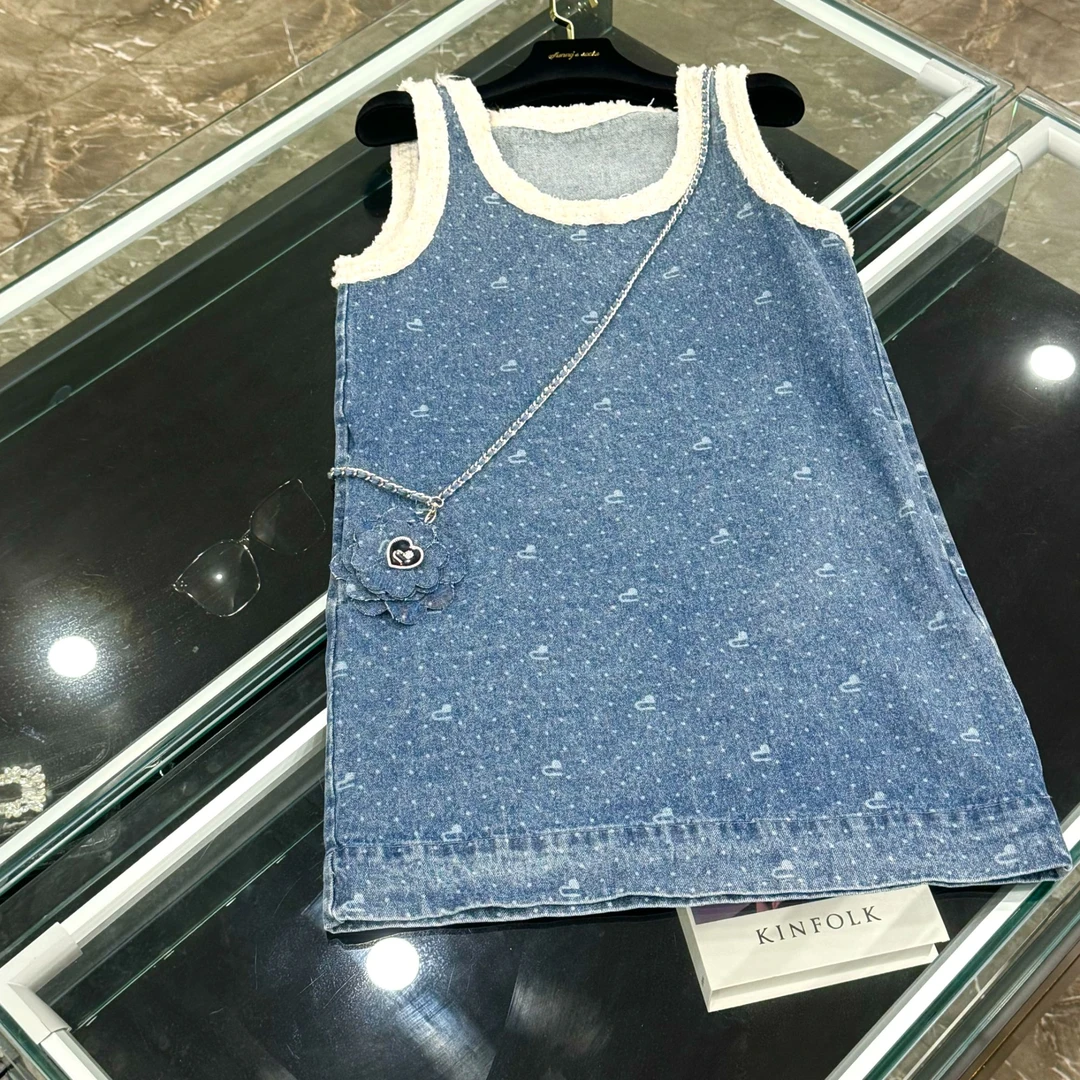 小香风夏季无袖牛仔蓝拼接撞色连衣裙-2434