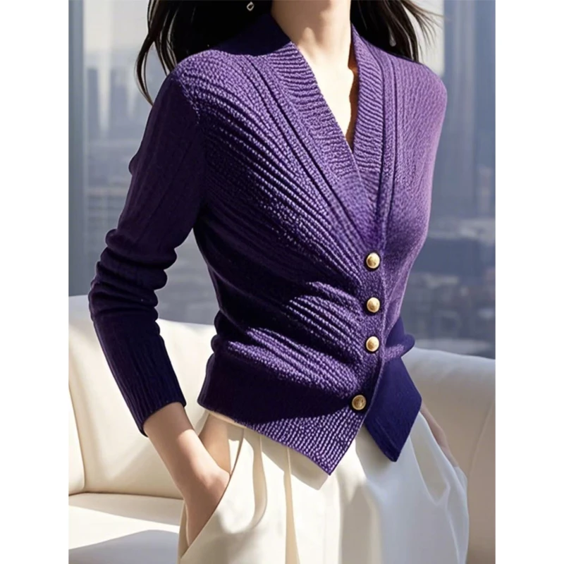 慵懒高级感超好看紫色毛衣2024冬季独特漂亮内搭针织开衫裤子套装