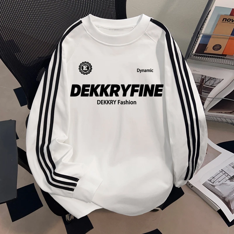 Dekkry潮牌简约百搭三条杠圆领t恤秋冬纯棉长袖男女oversize上衣