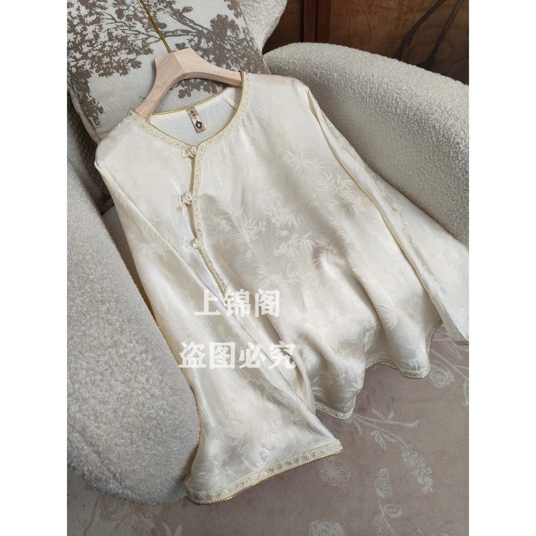 550新中式斜襟圆领长袖提花上衣夏季薄款中国风宽松气质显瘦