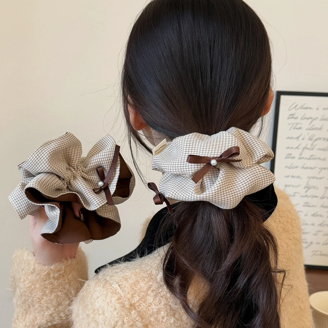 韩系格子咖色双层大肠发圈女网红新款发绳丸子头发饰马尾百搭头花