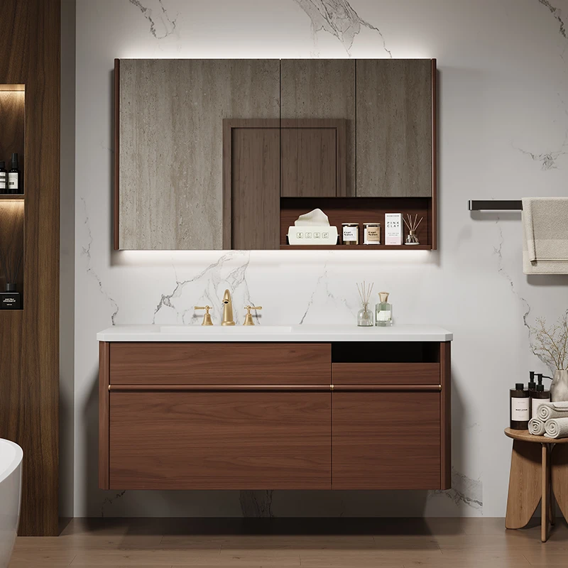 纯胡桃木浴室柜卫生间洗手洗脸卫浴洗漱台面盆岩板无缝盆智能镜柜