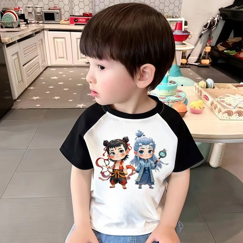 男童T恤短袖纯棉2025夏装新款魔童哪吒卡通印花儿童插肩上衣潮款t