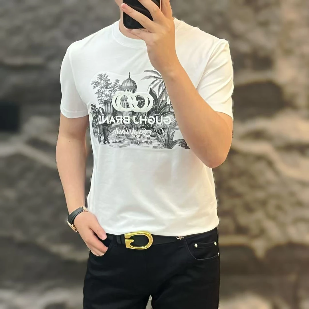 新款高端男士潮流百搭个性印花休闲短袖T恤6623
