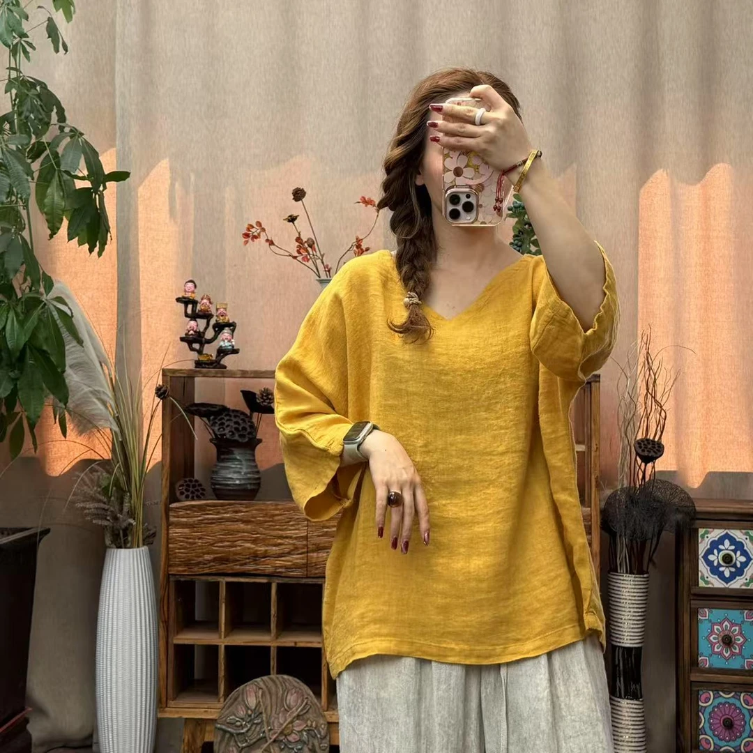 花璟与麻原创设计复古做旧V领纯色上衣（衣长60胸围130）