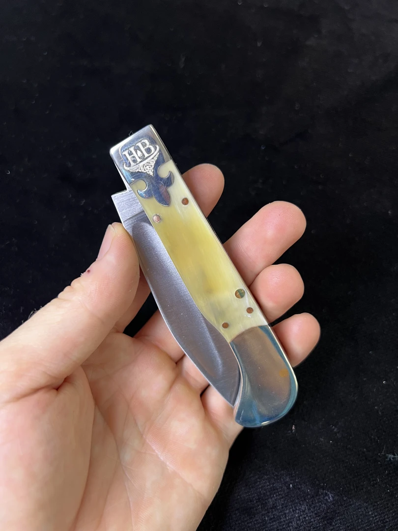 哈萨克手工牛角白钢材质折叠小刀（未开刃，非管制刀具）
