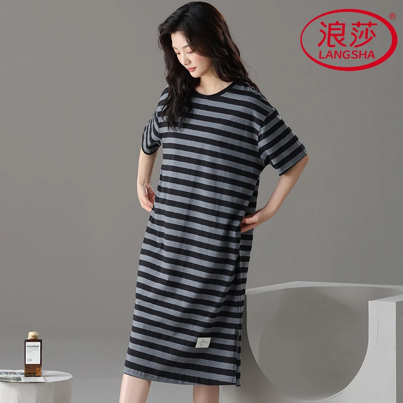 浪莎睡裙女士夏季短袖连衣裙中长款条纹圆领休闲宽松可外穿睡衣连