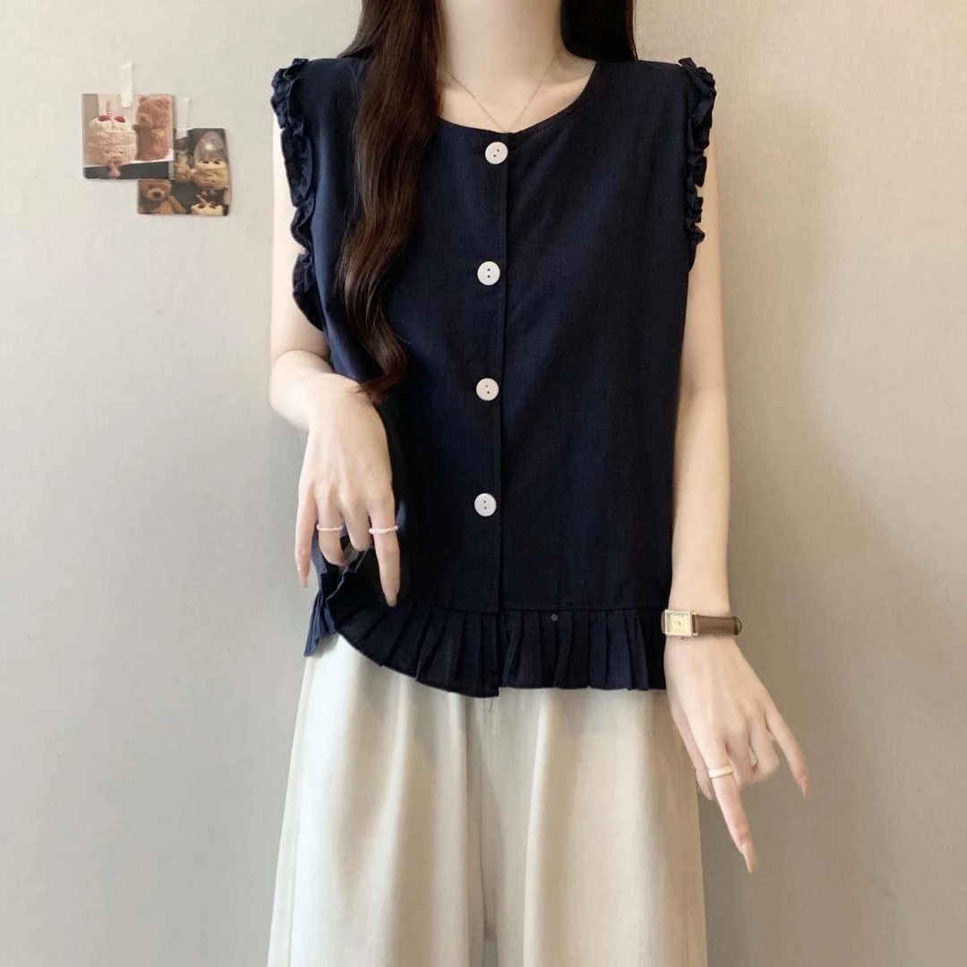 大码藏青色单排扣无袖木耳边拼接背心衬衫女胖宽松显瘦百搭上衣