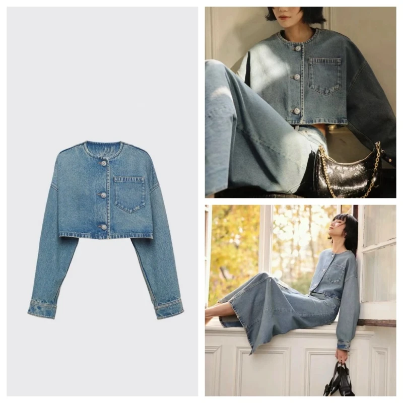 【李李推荐】24年新秋上新单排扣水钻扣圆领短牛仔外套7900