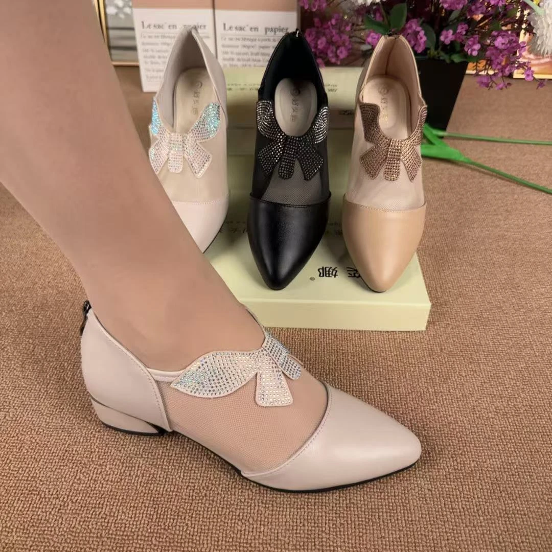水晶蝶2025新款气质软底低跟单鞋透气水钻网纱粗跟欧若风时尚女鞋