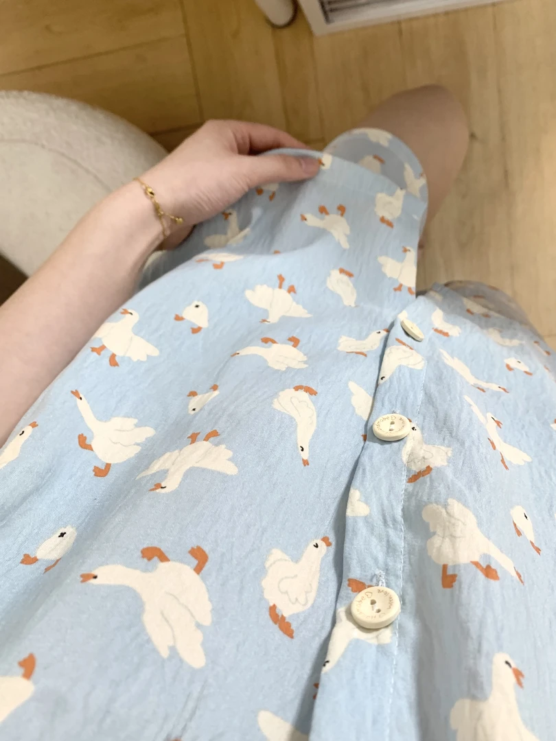 奶蓝大鹅夏季薄款睡衣女云朵棉短袖三件套宽松透气可爱家居服套装