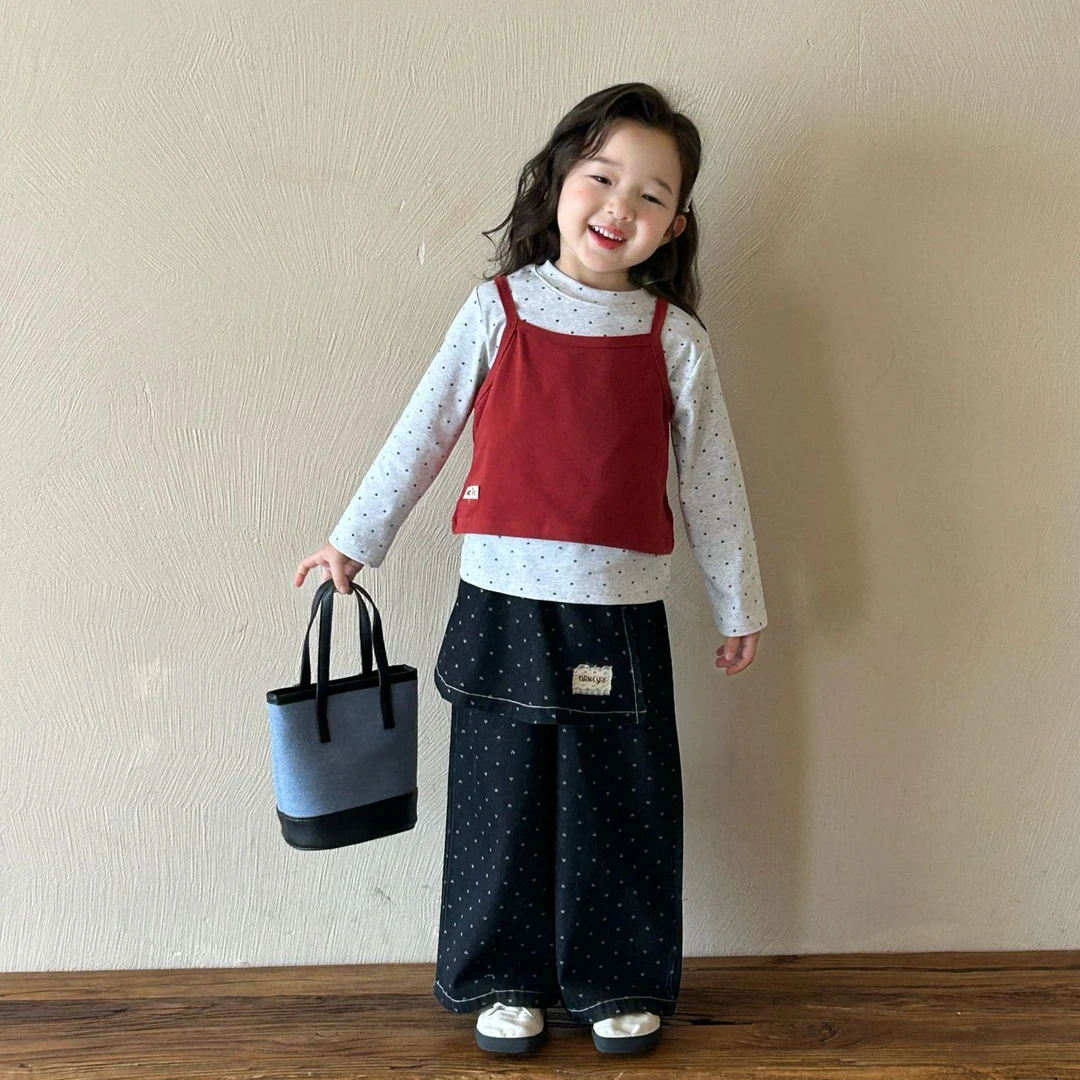 2025春季新款童装 韩版童装 女童圆点长袖T恤+吊带 2件套 童T恤