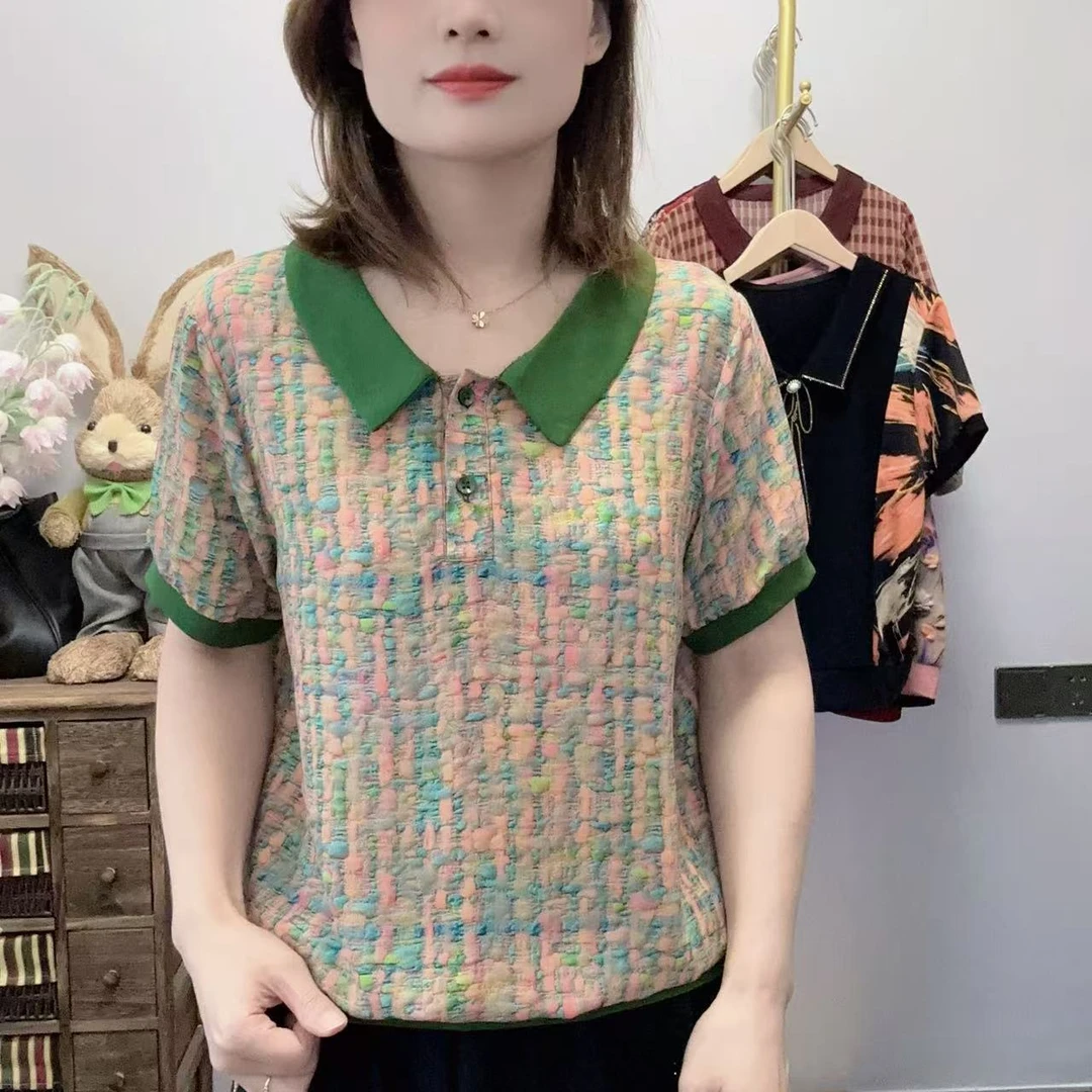 【丽姐家】夏季新款妈妈装短袖时尚洋气宽松百搭翻领大码上衣