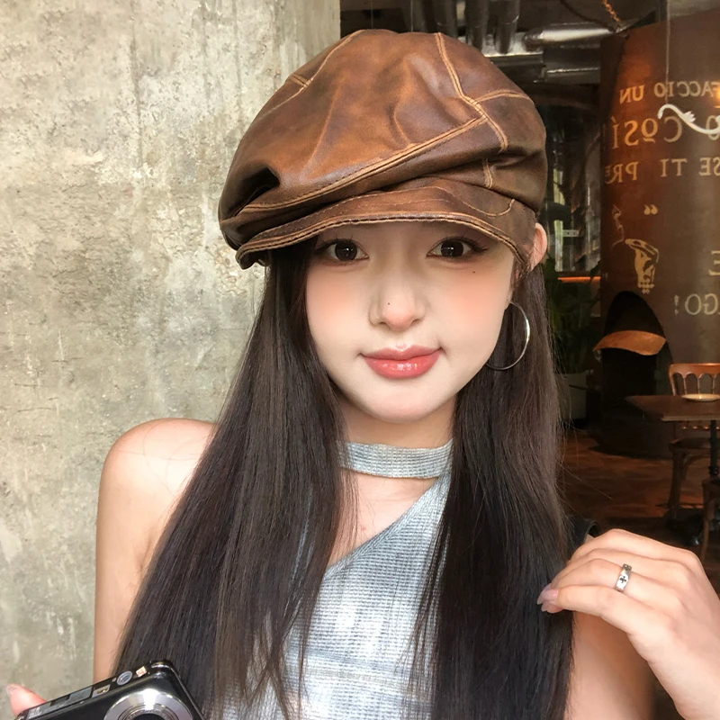 英伦复古褶皱废土风皮质贝雷帽女夏季街头辣妹个性显脸小八角帽子