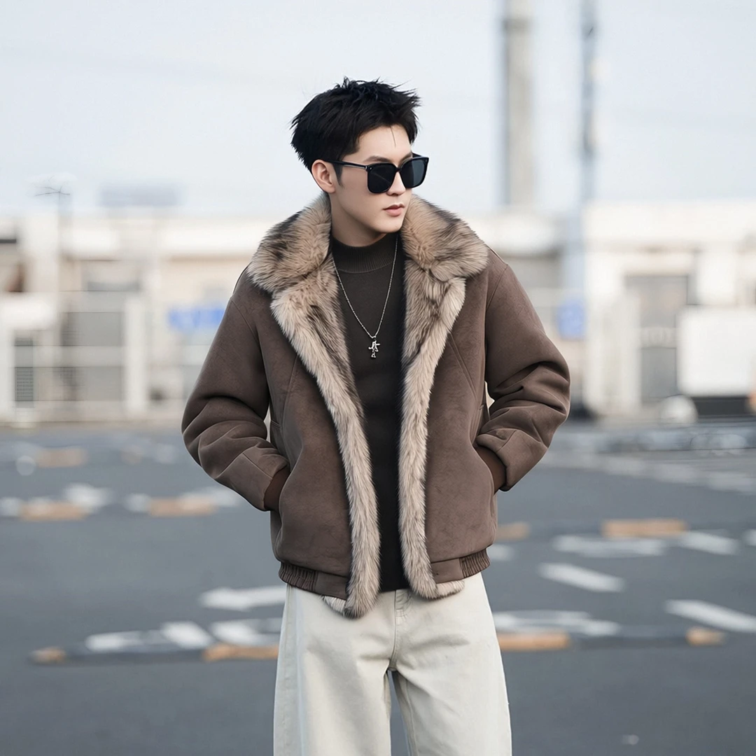 棉衣男款冬季新款2025爆款仿鹿皮绒潮流百搭高端时尚座山雕外套男