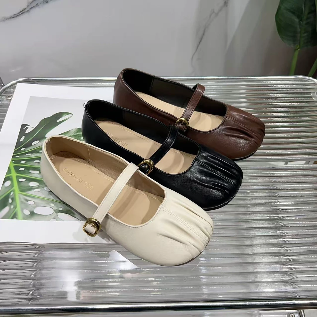 女春季新款网红爆款一字扣带平底褶皱单鞋A007