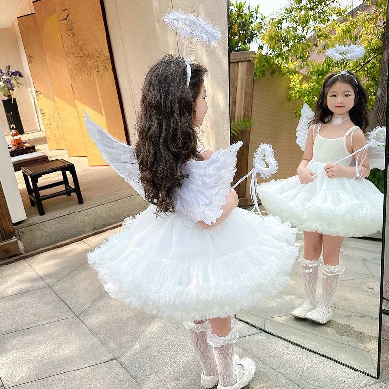 女童天使翅膀连衣裙蓬蓬吊带裙夏季白色裙子生日礼服洛丽塔公主裙