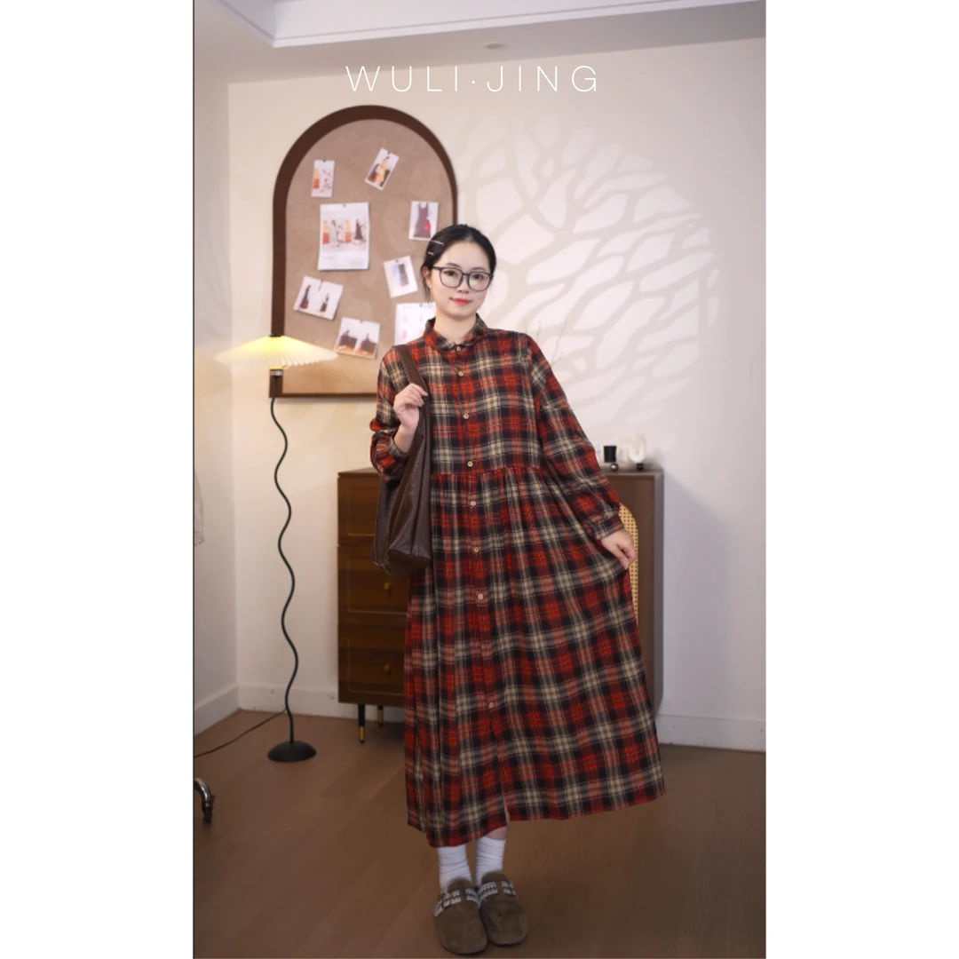【枫叶格】格子磨毛秋款日系文艺显瘦大码格子连衣裙
