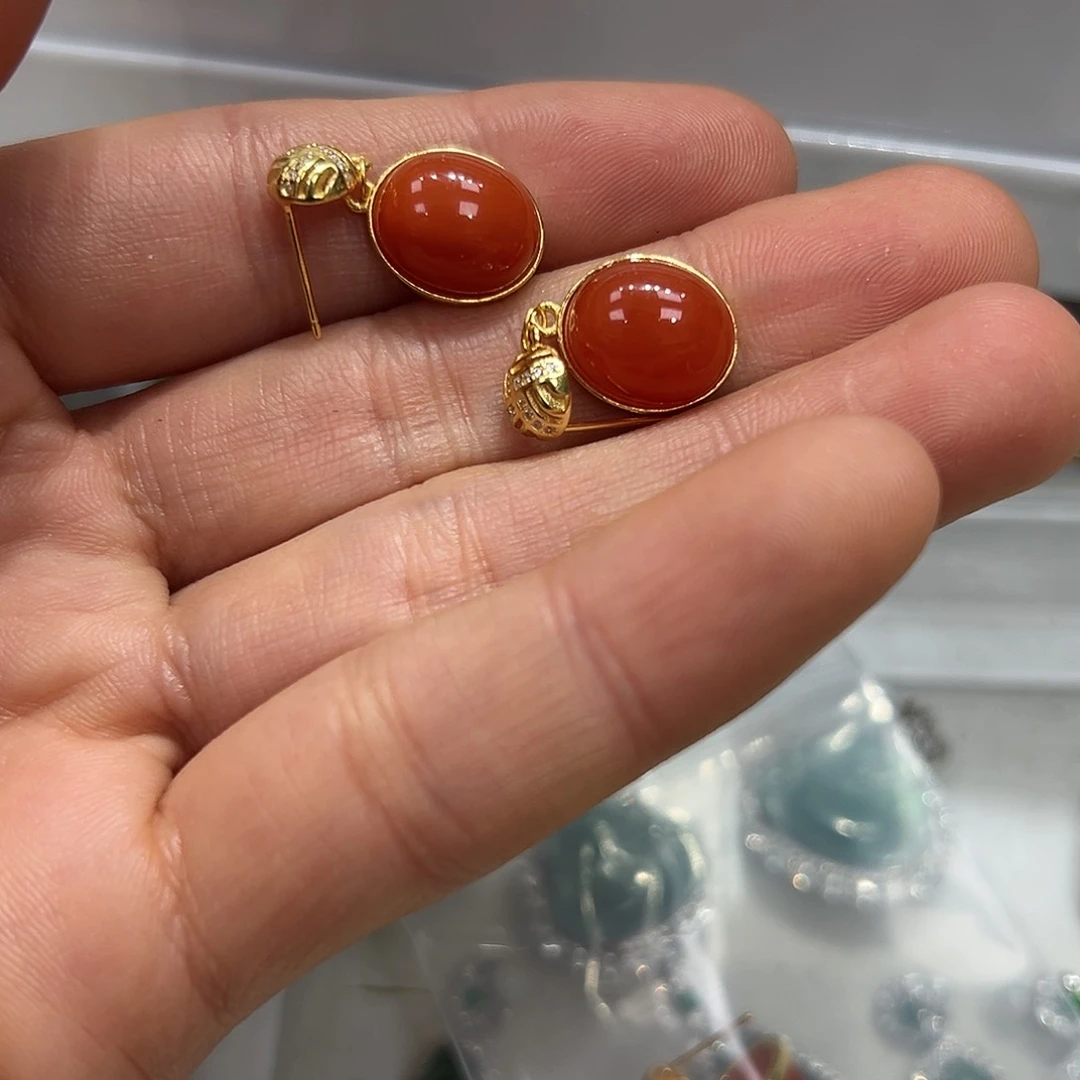 南红玛瑙耳饰银S925镶嵌文*