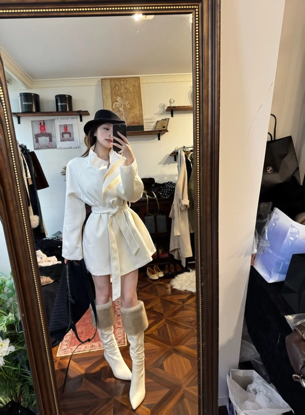 2025新款女装秋冬韩版英伦廓形两穿立领设计系带收腰外套