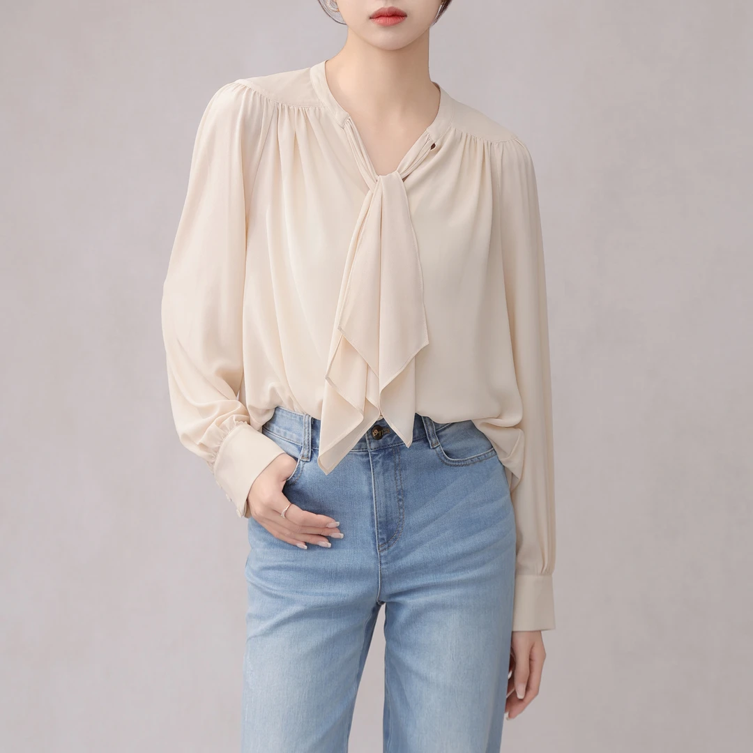 GIRDEAR/哥弟新中式气质优雅高级印花圆领飘带长袖衬衣1300730