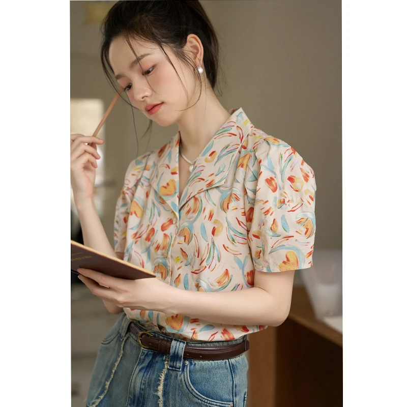 2025法式碎花印花短袖夏季印染衬衫气质别致衬衣女装薄款甜美