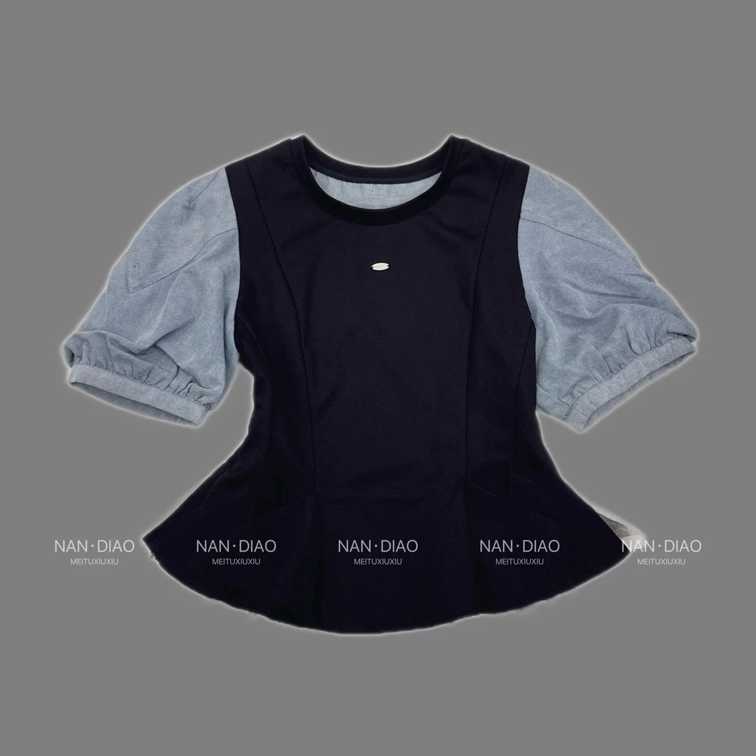 NAN·DIAO新品拼接牛仔假两件收腰泡泡袖T恤