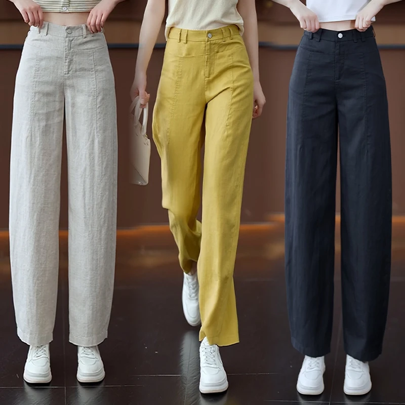 夏季薄款天丝亚麻裤宽松垂感直筒裤轻薄透气冰丝凉凉裤夏款弯刀裤