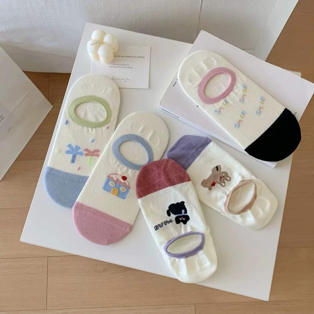 夏季薄棉卡通猫咪女船袜5070网眼浅口隐形袜防滑胶防掉跟无骨接缝