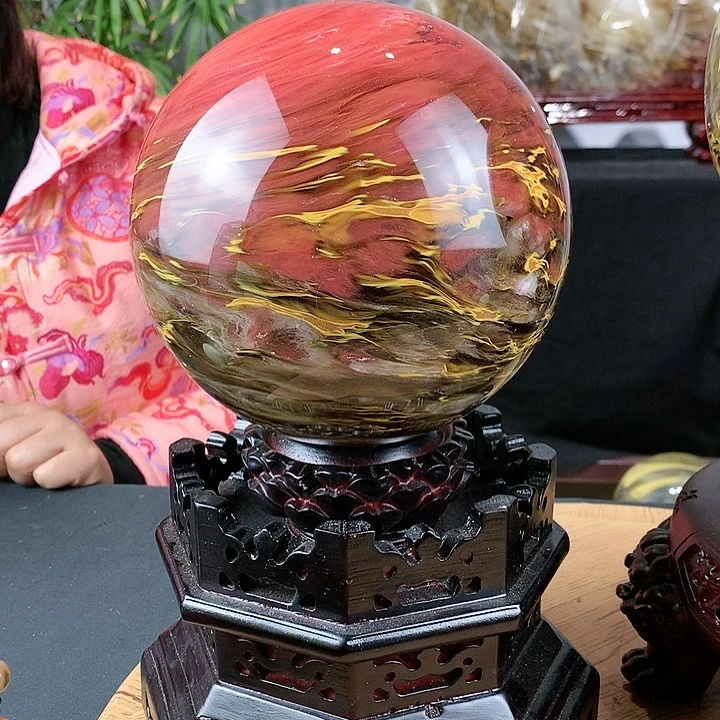 造***花石材金丝水晶球直径16带实木旋转底座