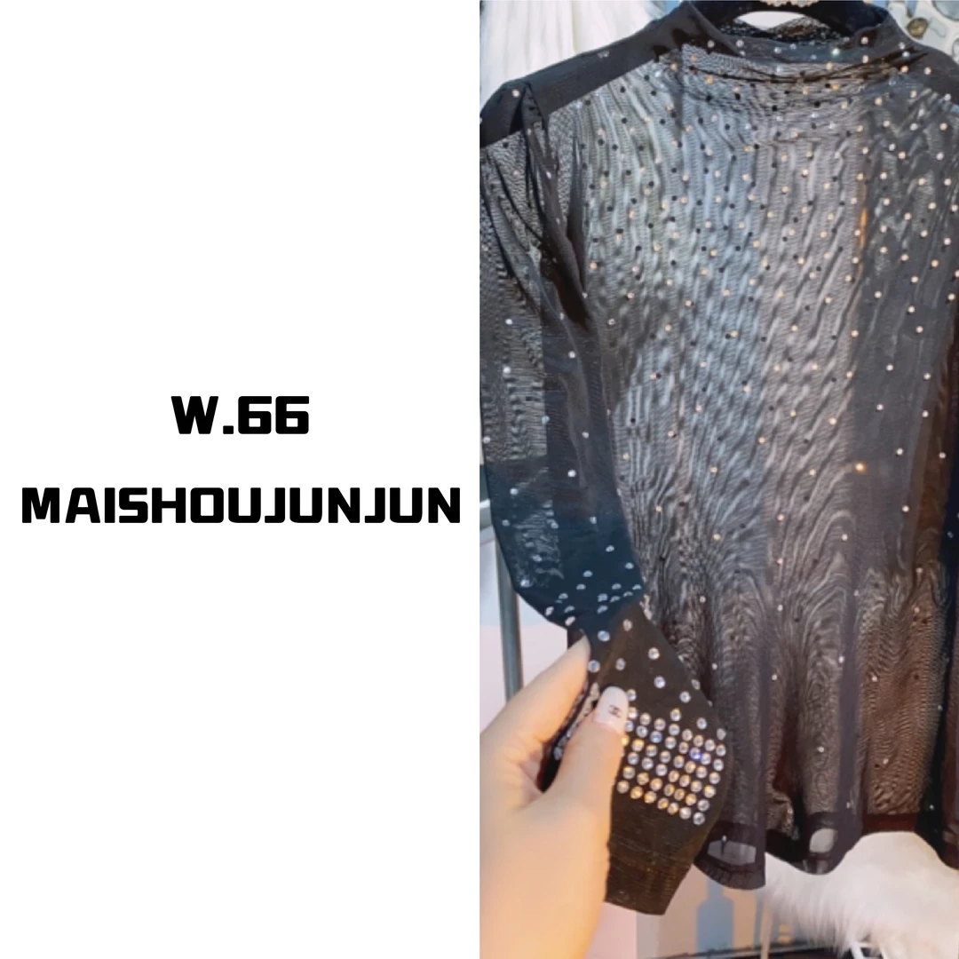 新款时尚百搭透气薄款上衣长袖网面料烫钻打底衫10120