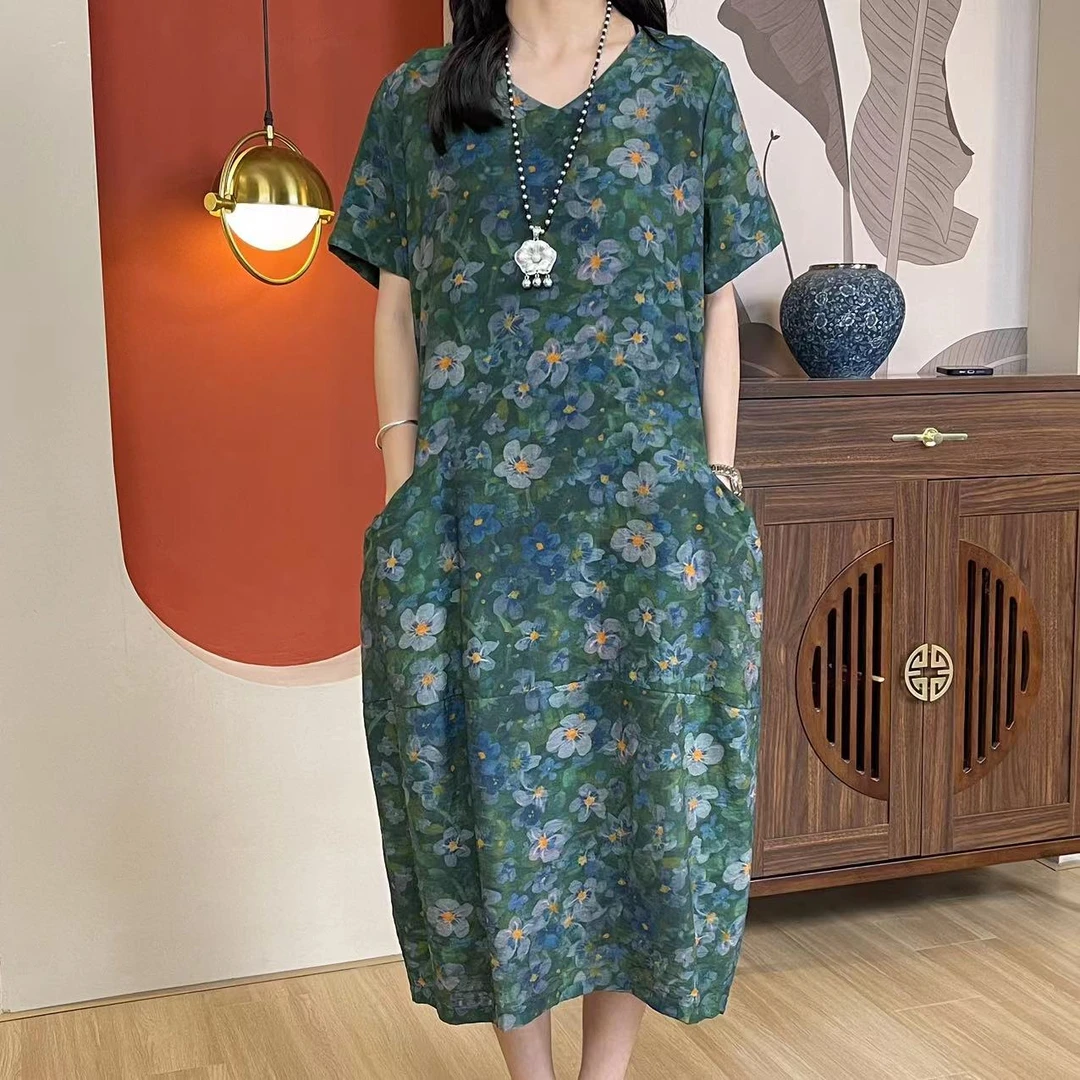 6211新品夏季清凉短袖V领中年妈妈连衣裙A字裙子洋气气质裙子